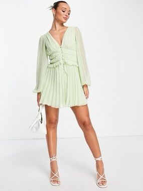 ASOS DESIGN button through ruched waist pleated mini dress in soft sage green